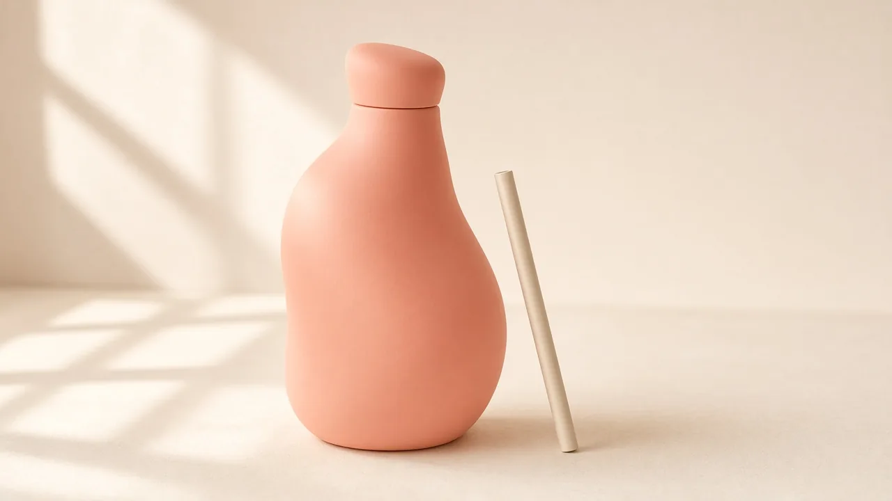 Soft peach Sweenies bottle on cream, three-quarter view